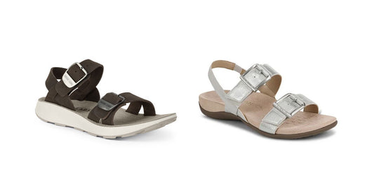 Tread Labs Salinas Leather in Havana Leather beside Vionic Reese Slingback in Silver