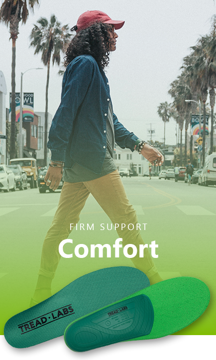 Man walking across a street with Tread Labs Ramble Insoles and the caption Firm Support - Comfort