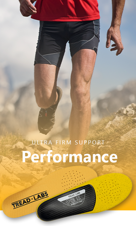 Man trail running on a mountain with Tread Labs Dash Insoles and the caption Ultra Firm Support - Performance