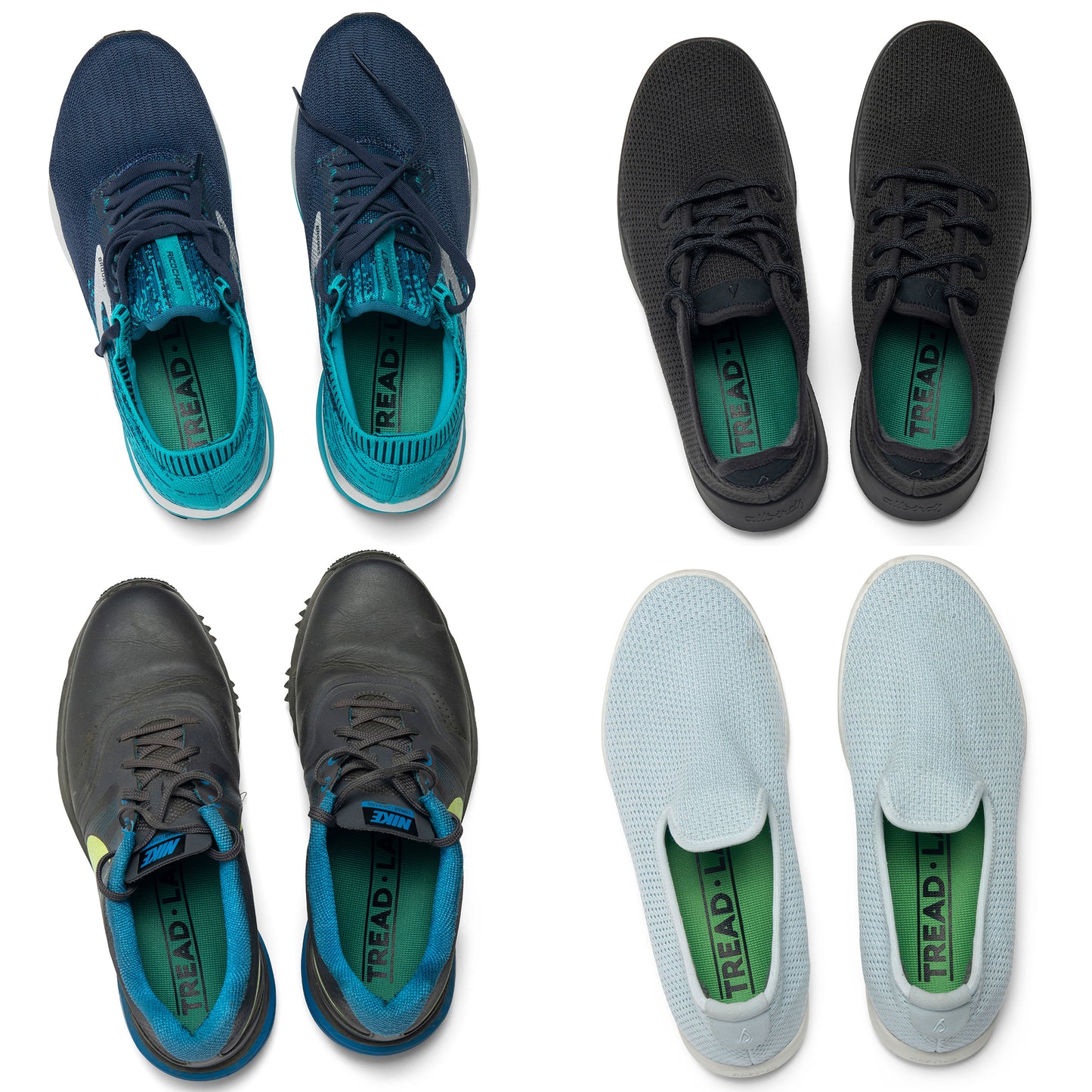 Tread Labs Ramble Insoles shown inside four pairs of shoes