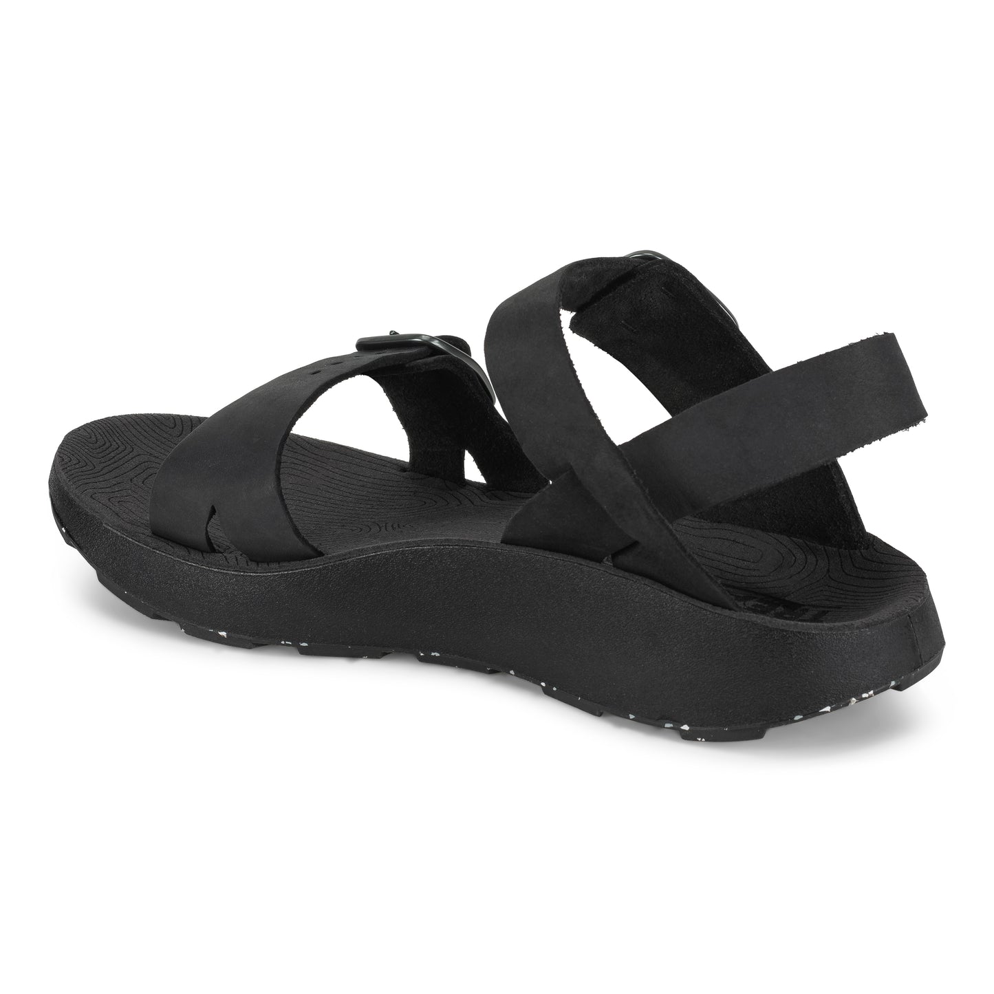 3/4 Angled Medial View of Women's Salinas Leather Sandal in Black on a white background.