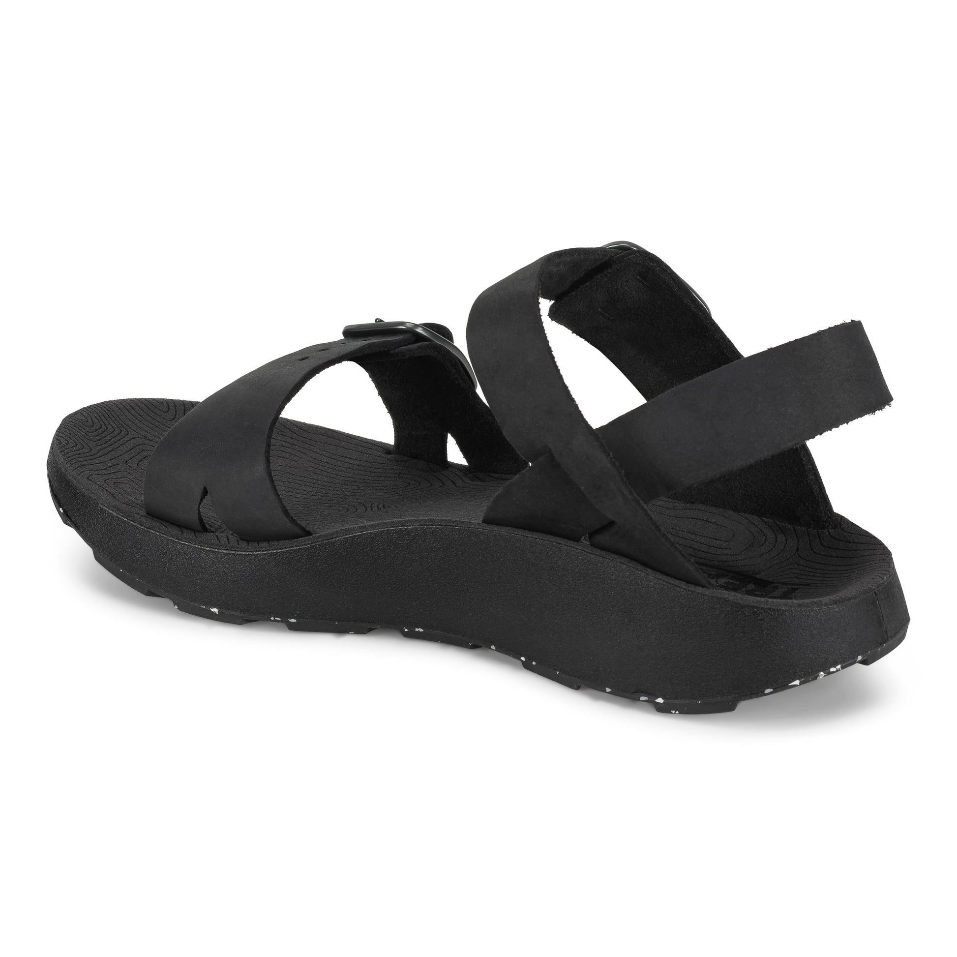 3/4 Angled Medial View of Women's Salinas Leather Sandal in Black on a white background.