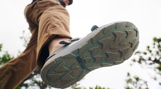 Bottom view of men's hiking sandals showing slip-resistant outsoles