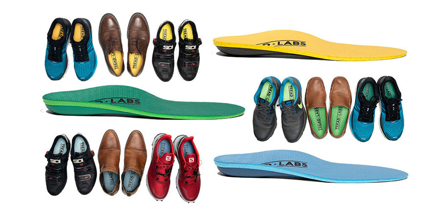 Ramble, Pace, Dash insoles shown in side profile, along with a top down view of 9 pairs of shoes that all have Tread Labs insoles in them.