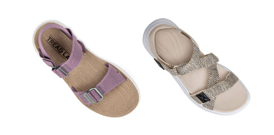 Tread Labs Salinas (lilac) side-by-side with Aetrex Marz Adjustable (beige) , viewed from the top.