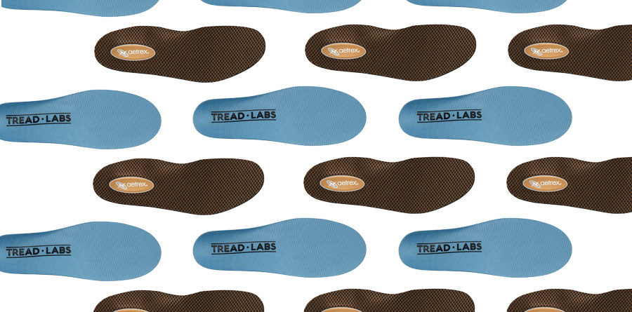 top covers of the Tread Labs Pace insoles and top coves of the Aetrex Compete Orthotics