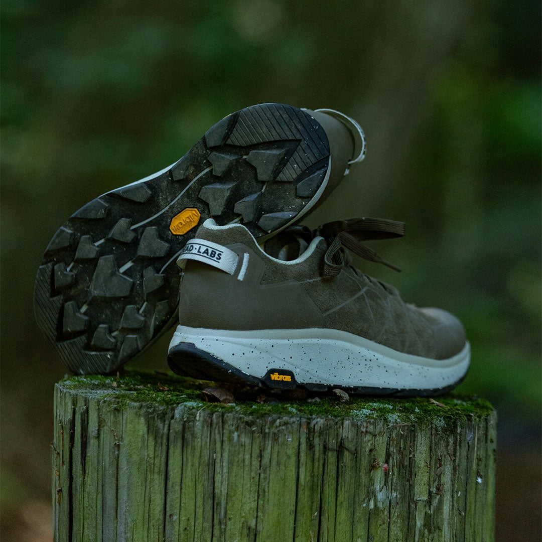 Brown hiking shoe with visible brand name on a wooden post with a blurred green background
