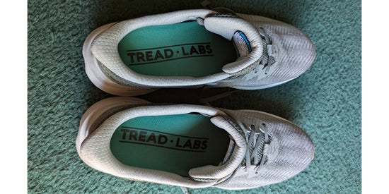 Ramble Insoles inside sneakers on a green carpet. Photo from a review by Nick B.