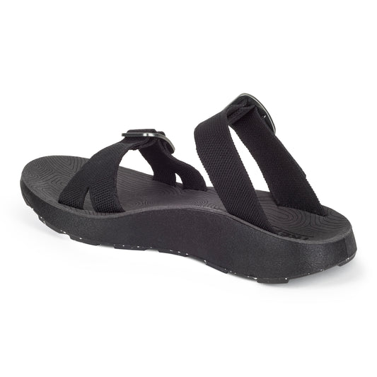 3/4 angled medial view of Women's Salinas Slide Sandal in black on a white background.