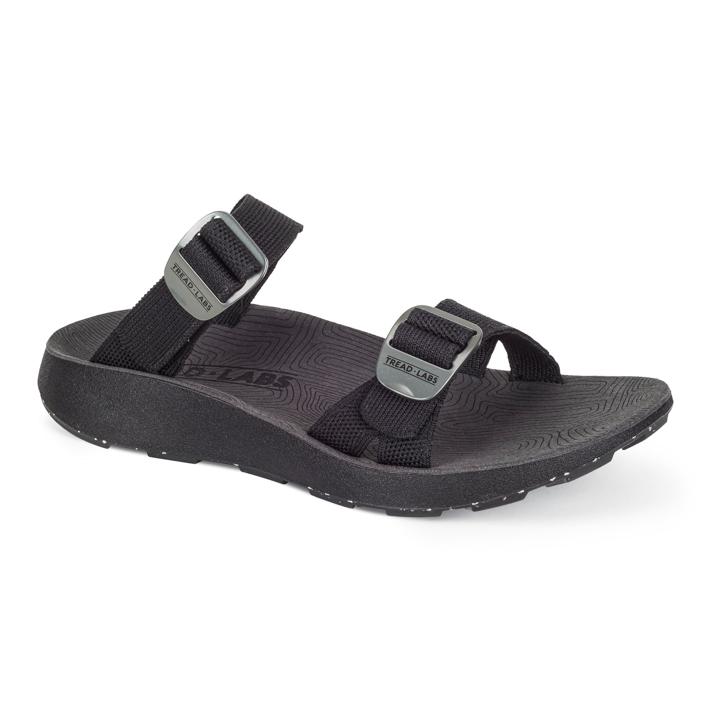 3/4 angled view of Women's Salinas Slide Sandal in black on a white background.