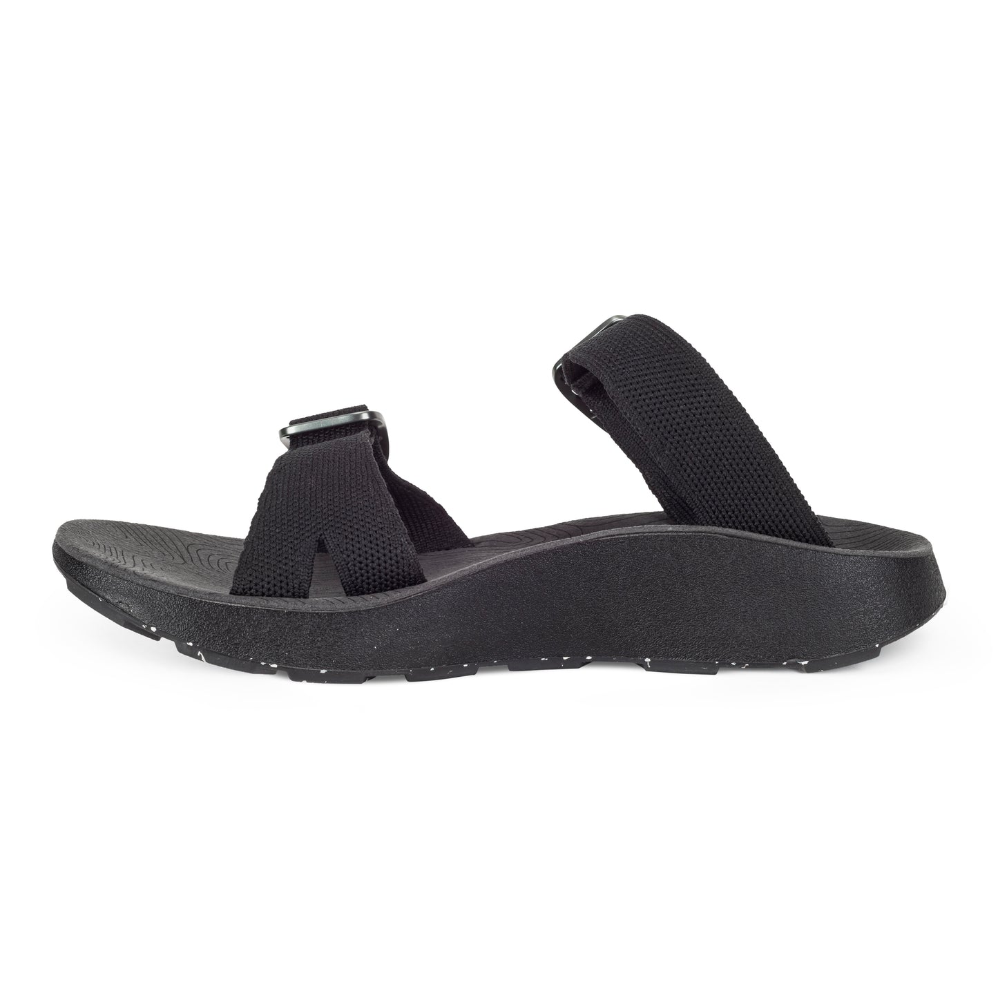 Medial view of Women's Salinas Slide Sandal in black on a white background.