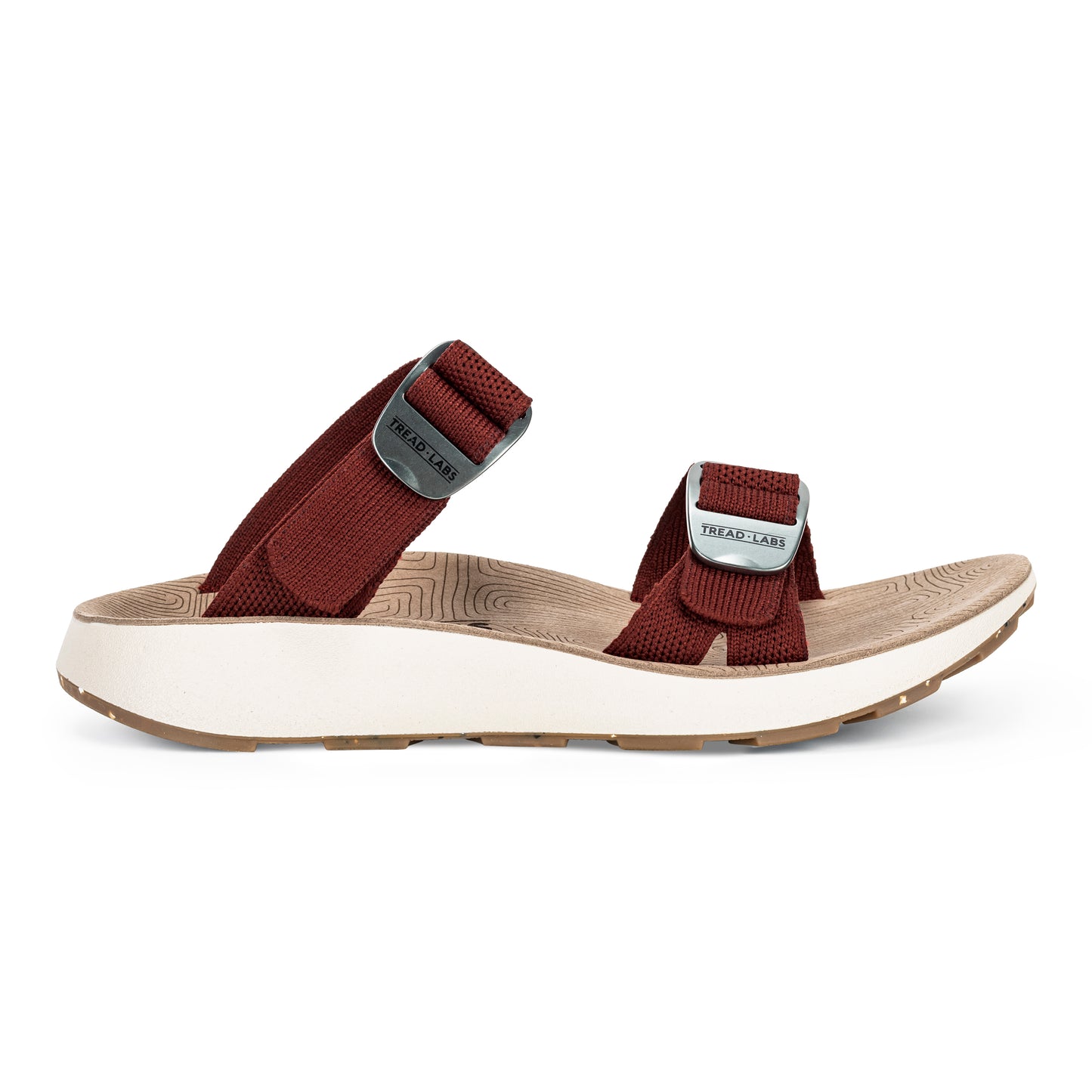 Lateral view of Women's Salinas Slide Sandal in cabernet on a white background.