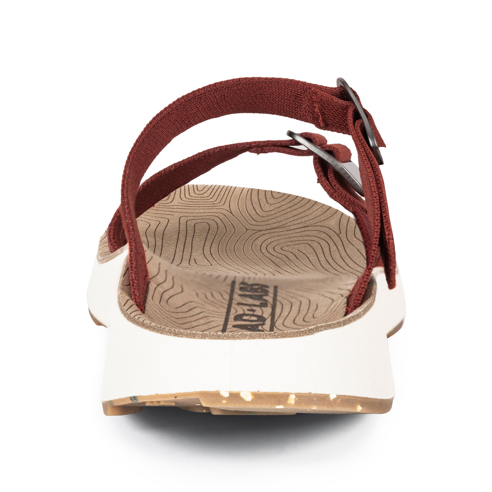 Rear view of Women's Salinas Slide Sandal in cabernet on a white background.