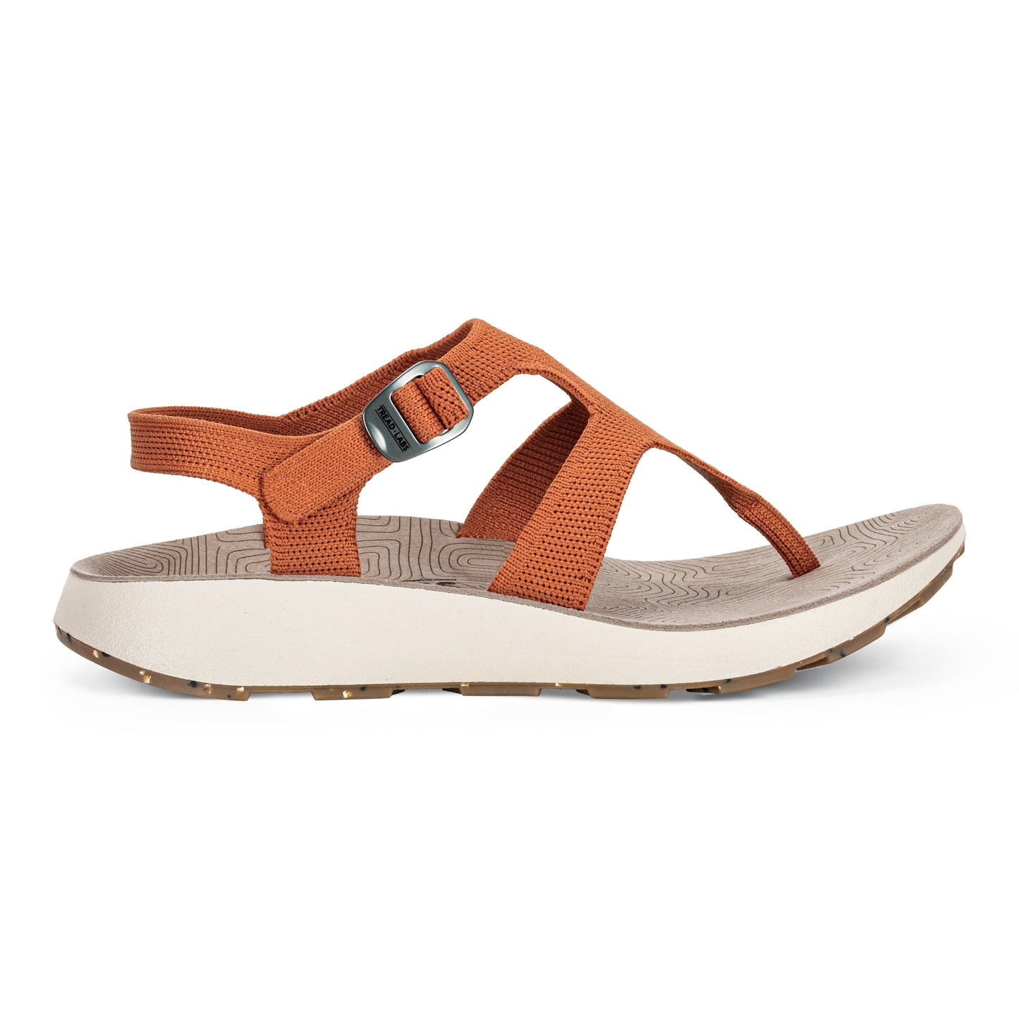 Lateral View of Women's Albion Sandal in Apricot on a white background.