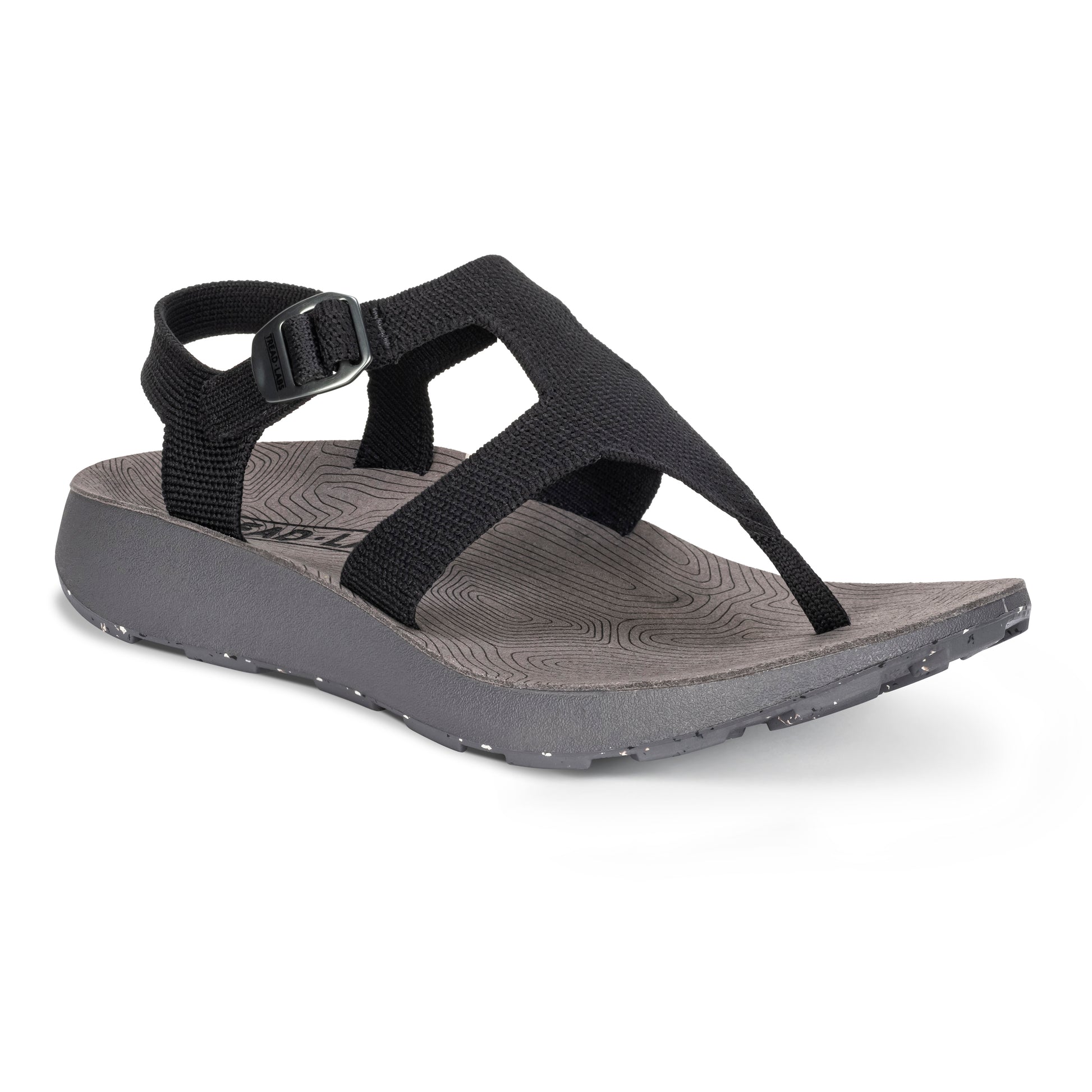 3/4 Angled View of Women's Albion Sandal in Black on a white background.