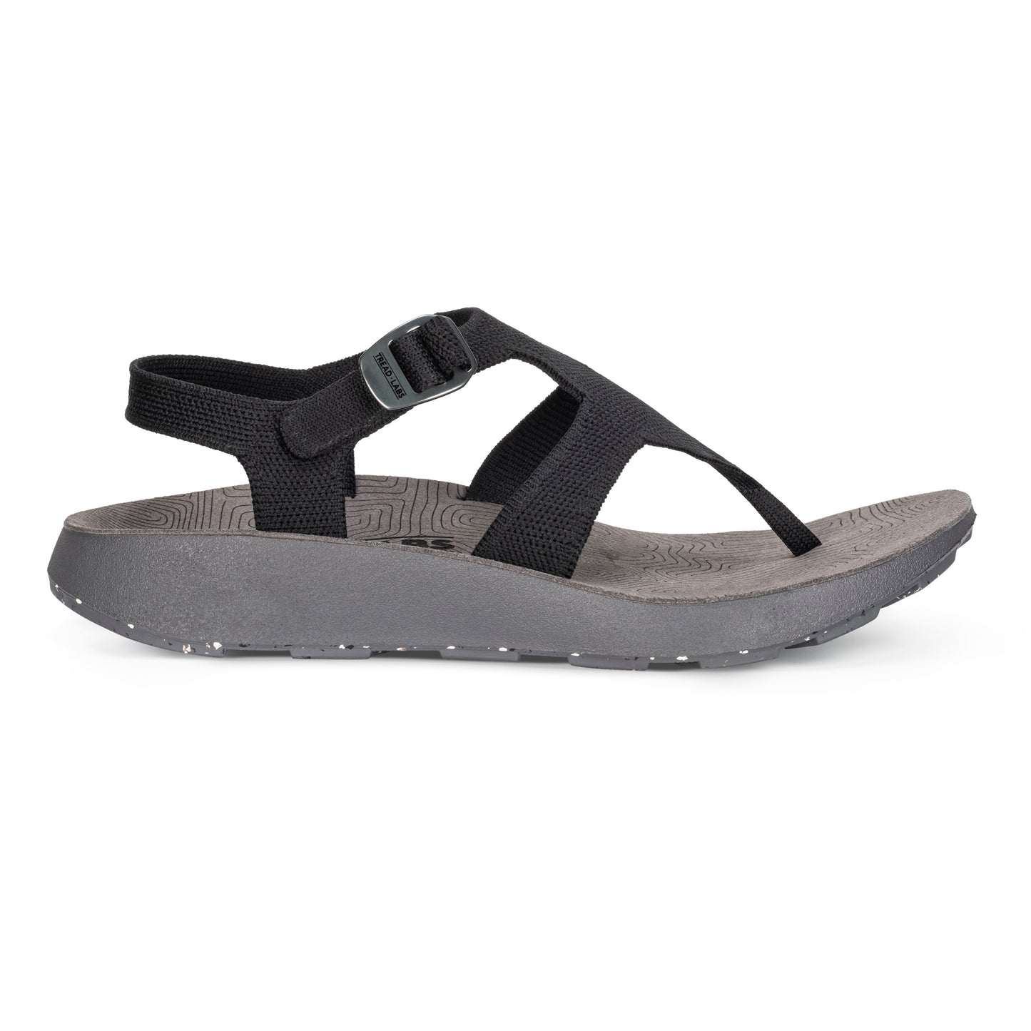 Lateral View of Women's Albion Sandal in Black on a white background.