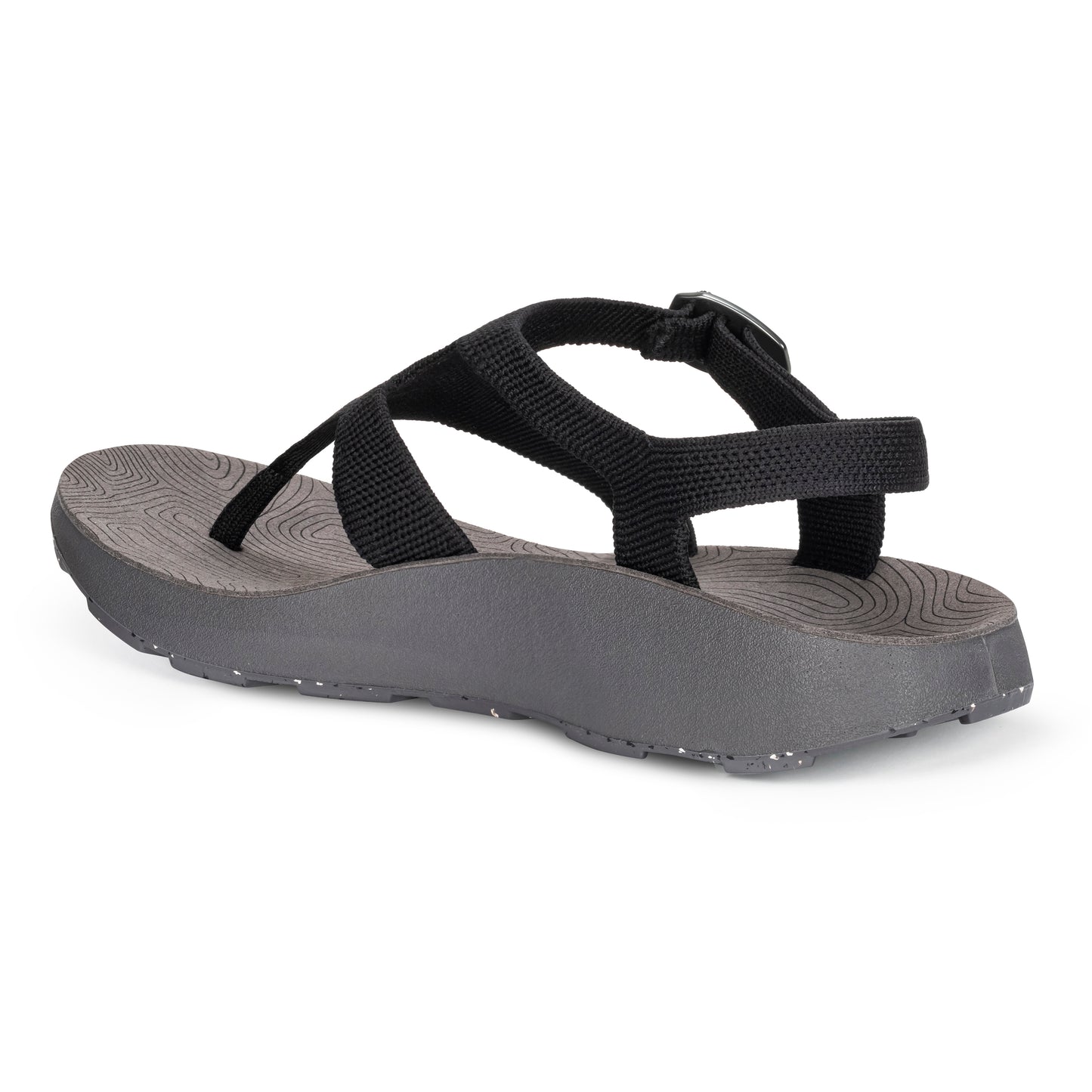 3/4 Angled Medial View of Women's Albion Sandal in Black on a white background.