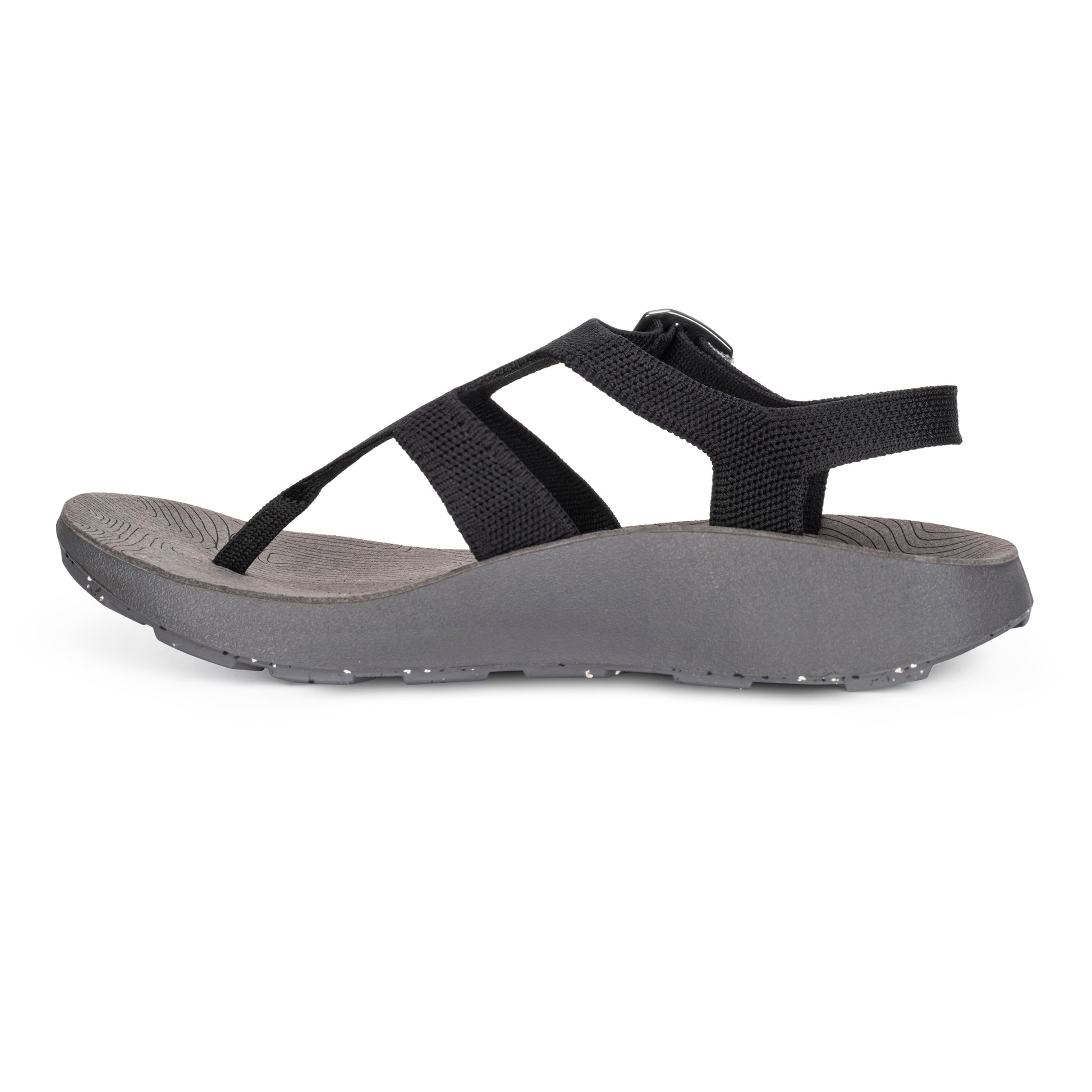 Medial View of Women's Albion Sandal in Black on a white background.