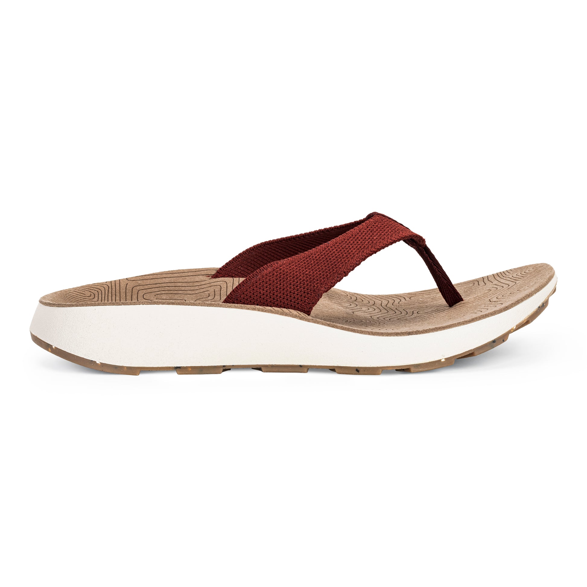 Lateral View of Women's Orleans Sandal in Cabernet on a white background.