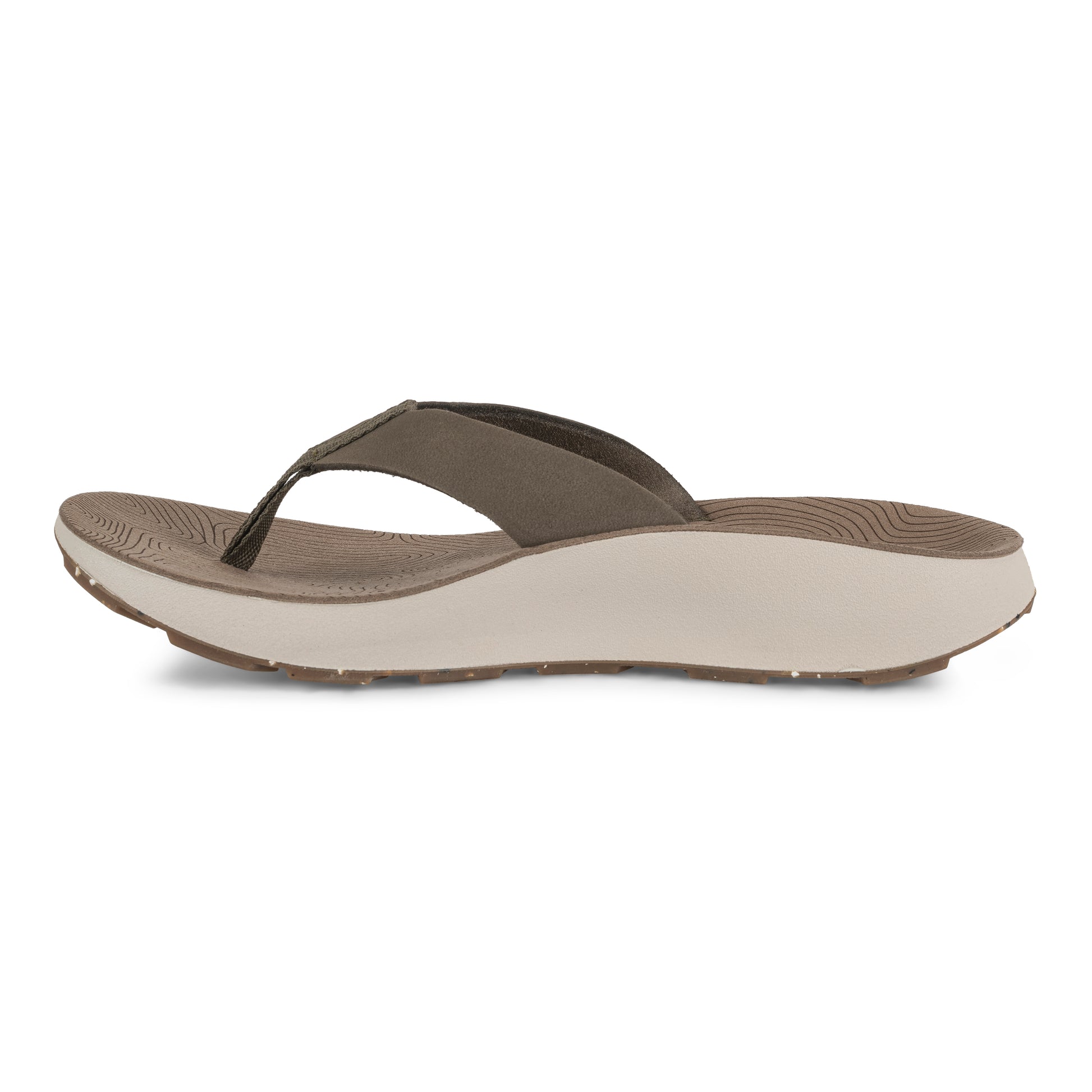 Medial View of Women's Orleans Leather Sandal in Fossil on a white background.