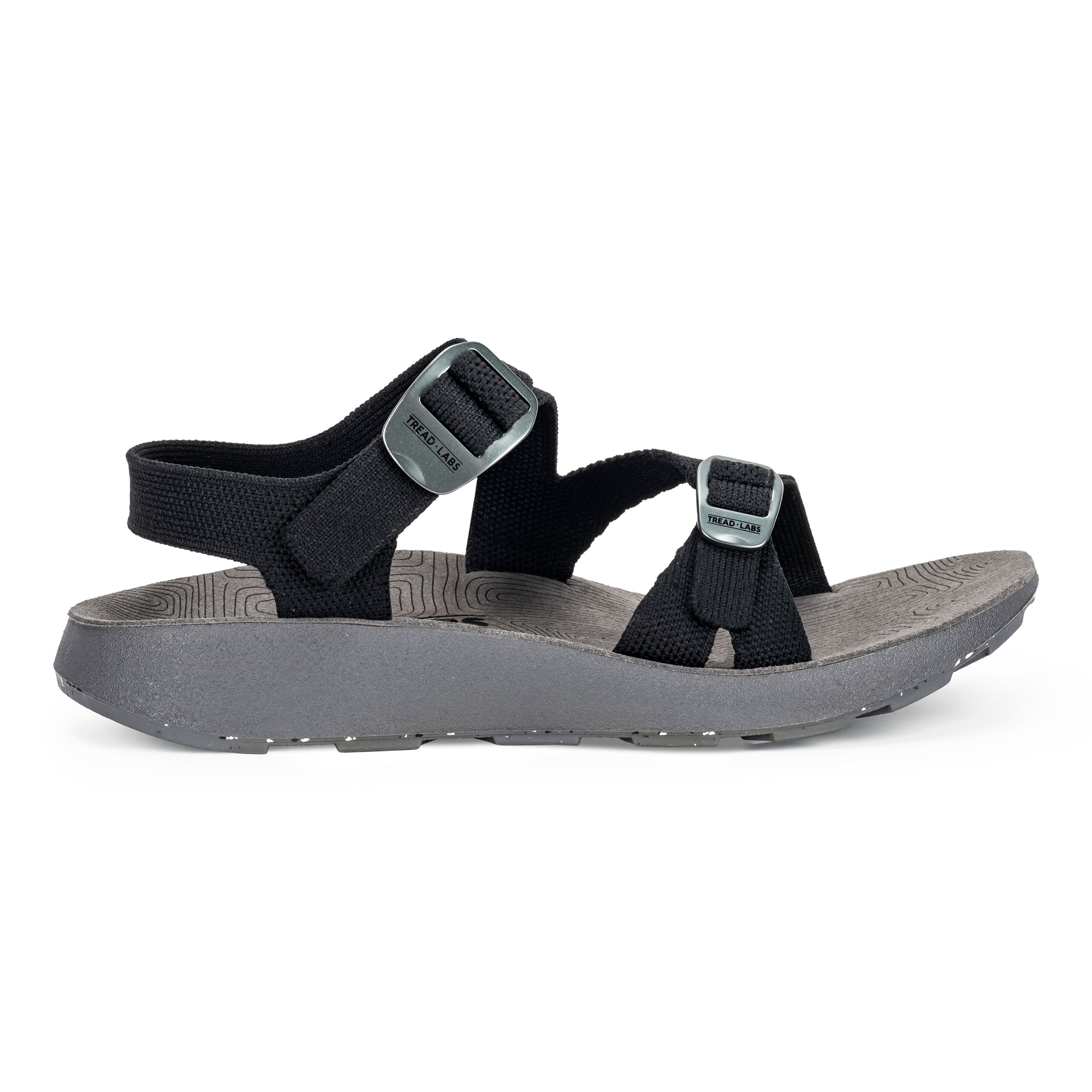 Lateral view of Women's Redway Sandal in black on a white background.