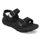3/4 Angled View of Women's Salinas Leather Sandal in Black on a white background.